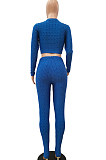 Bright Blue Scale Lines Long Sleeve Round Neck Crop Top High Waist Bodycon Pants Casual Sets NYF8011-2
