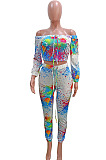 Colorful White Splask-Ink Print A Word Shoulder Long Sleeve Dew Waist Carrot Pants Two-Piece SN390186 -1
