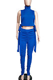 Rose Red Women Pure Color Shirred Detail Split Sleeveless Tiny Flared Casual Long Pants Sets ASY8831-1