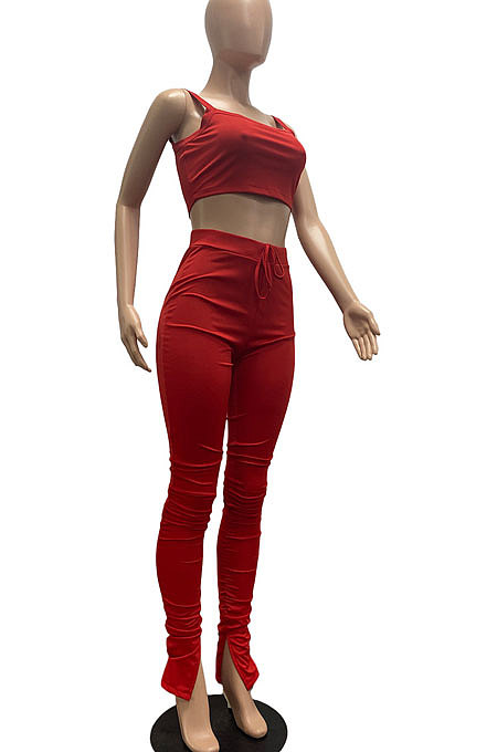 Light Orange Sporty Pure Color Tank Top Hip Raise Slinky Split Flared Pants Sets AYM5031-2