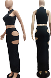 Khaki Fashion Prue Color Stand Collar Sleeveless Zipper Dew Waist Hollow Out Tight Skirt Sets NYF8076-3