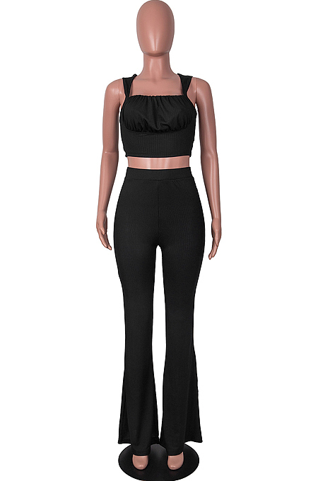 Pink Sexy Ridder Sleeveless Low-Cut Crop Tank High Waist Flare Pants Two-Piece MD436-3
