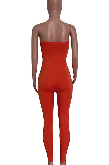Rose Red Solid Color Sexy Mid Waist Strapless Bodycon Jumpsuits HM5493-4