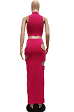 Rose Red Fashion Prue Color Stand Collar Sleeveless Zipper Dew Waist Hollow Out Tight Skirt Sets NYF8076-2