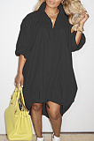Black Lapel Neck Long Sleeve Single-Breasted Loose Drawable Hem Shirt Dress WY6838-3
