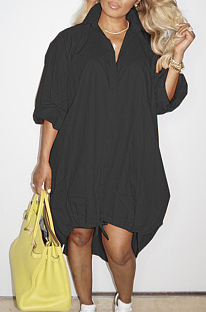 Black Lapel Neck Long Sleeve Single-Breasted Loose Drawable Hem Shirt Dress WY6838-3