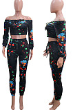 Colorful White Splask-Ink Print A Word Shoulder Long Sleeve Dew Waist Carrot Pants Two-Piece SN390186 -1