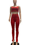 Red Women Fashion Solid Color Hip Raise Bodycon Ruffle Split Flared Pants Sets AYM5031-1