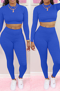 Bright Blue Scale Lines Long Sleeve Round Neck Crop Top High Waist Bodycon Pants Casual Sets NYF8011-2