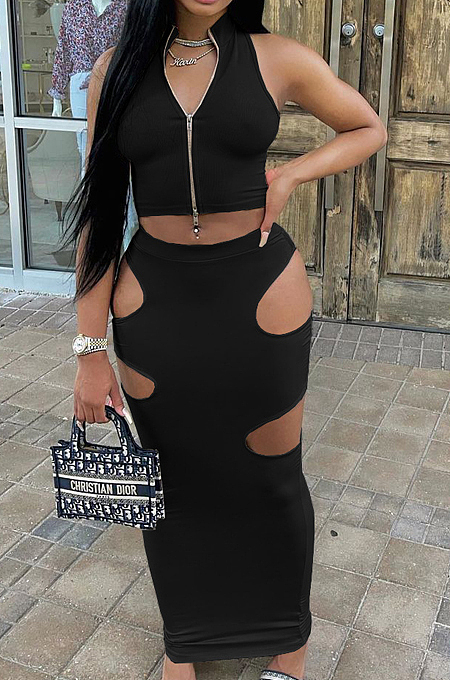 Black Fashion Prue Color Stand Collar Sleeveless Zipper Dew Waist Hollow Out Tight Skirt Sets NYF8076-1