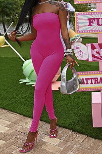 Rose Red Solid Color Sexy Mid Waist Strapless Bodycon Jumpsuits HM5493-4