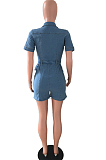 Light Elastic Lapel Neck Zipper Short Sleeve Slim Fitting Jean Romper Shorts JLX6062