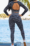 Camo Gray Women Long Sleeve U Neck Casual Sport Backless Tight Yoga Suits Pants Sets PY0833