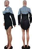 White Fashion Jean Spliced Lapel Collar Long Sleeve Single-Breasted Shirt Dress WY6836-1