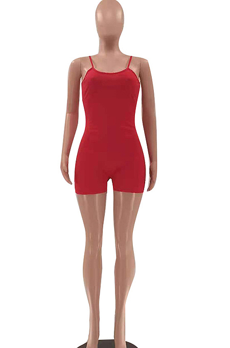 Red Condoel Belt Tank Solid Color Slim Fitting Romper Shorts LSZ91176-2