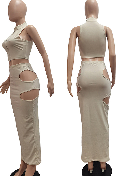 Black Fashion Prue Color Stand Collar Sleeveless Zipper Dew Waist Hollow Out Tight Skirt Sets NYF8076-1