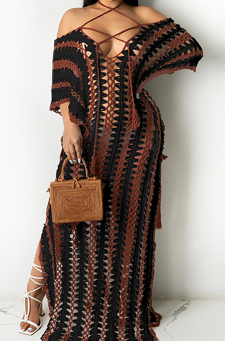 Black Summer Loose Short Sleeve Off Shoulded Bandage Beach Casual Long Dress MD429-2