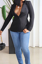 Black Fashion Pure Color Lapel Neck Backless Bandage Slim Fitting Suit Jacket LSZ91177-1