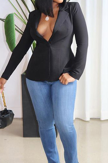 Black Fashion Pure Color Lapel Neck Backless Bandage Slim Fitting Suit Jacket LSZ91177-1