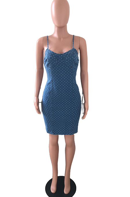 Dark Blue Sexy Backless Condole Belt Low-Cut Wave Point Tight Jean Midi Dress JLX3007-2
