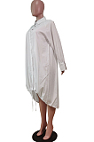 White Lapel Neck Long Sleeve Single-Breasted Loose Drawable Hem Shirt Dress WY6838-1