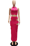 Rose Red Fashion Prue Color Stand Collar Sleeveless Zipper Dew Waist Hollow Out Tight Skirt Sets NYF8076-2