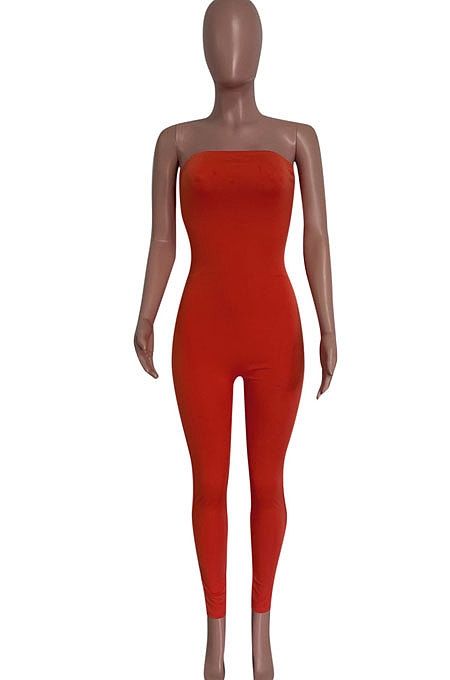 Neon Green Solid Color Sexy Mid Waist Strapless Bodycon Jumpsuits HM5493-5