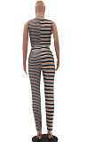 Purple Green Cotton Blend Stripe Round Neck Crop Tank High Waist Carrot Pants Casual Sets LSZ91175-2