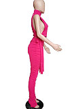 Purple Women Pure Color Shirred Detail Split Sleeveless Tiny Flared Casual Long Pants Sets ASY8831-2