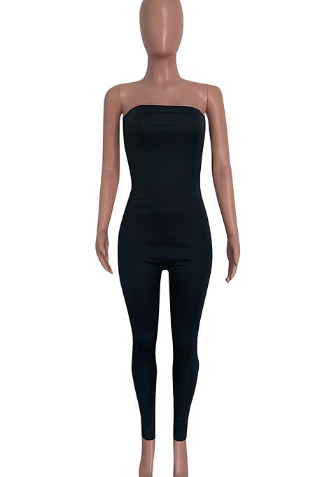 Apricot Solid Color Sexy Mid Waist Strapless Bodycon Jumpsuits HM5493-1