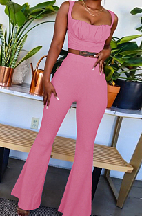 Pink Sexy Ridder Sleeveless Low-Cut Crop Tank High Waist Flare Pants Two-Piece MD436-3