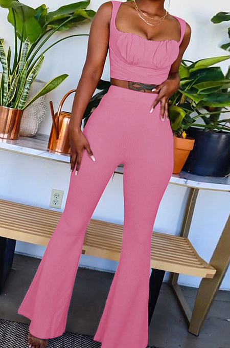 Pink Sexy Ridder Sleeveless Low-Cut Crop Tank High Waist Flare Pants Two-Piece MD436-3