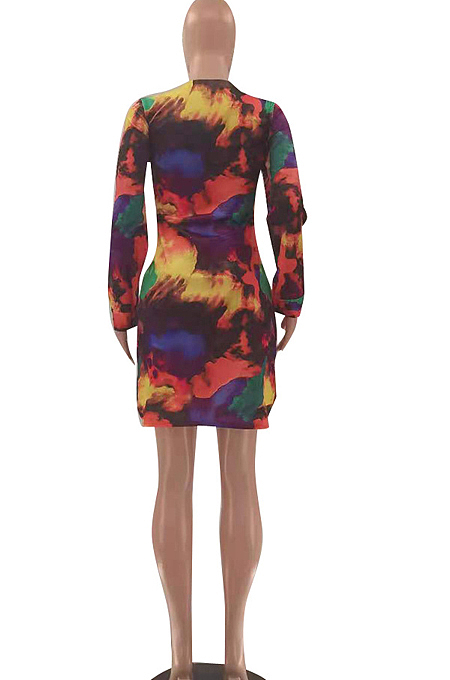 Rainbow Casual Print Long Sleeve Single-Breasted Mini Shirt Dress LSZ91179-1