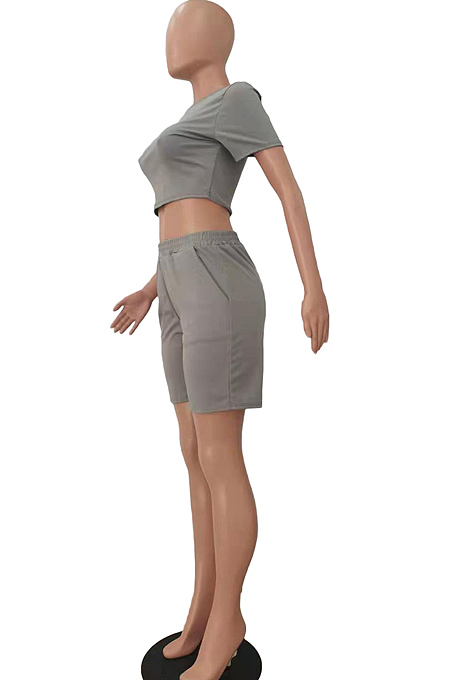 Grey Short Sleeve O Collar Crop T-Shirt Shorts Solid Color Casual Sets NYF8047-4