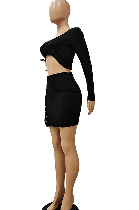 Black Sexy One Sleeve Crop Top Eyelet Bandage Skirts Sets NYF8040-4