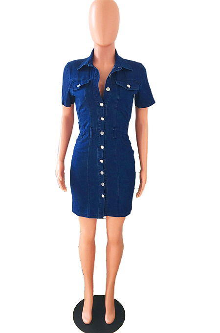 Light Blue Elastic Lapel Neck Short Sleeve Single-Breasted Slim Fitting Jean Midi Dress JLX6057-1