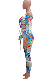 Colorful White Splask-Ink Print A Word Shoulder Long Sleeve Dew Waist Carrot Pants Two-Piece SN390186 -1
