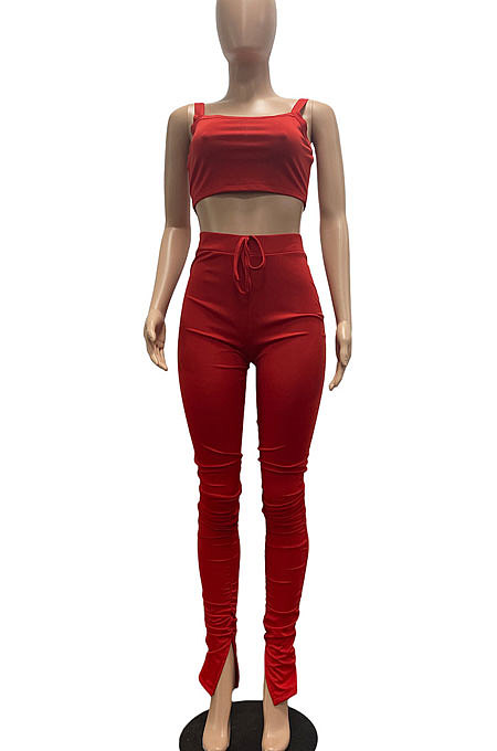 Light Orange Sporty Pure Color Tank Top Hip Raise Slinky Split Flared Pants Sets AYM5031-2