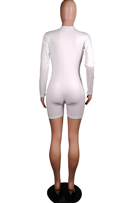 Red Casual Round Neck Long Sleeve Zipper Tight Romper Shorts WY6656-2