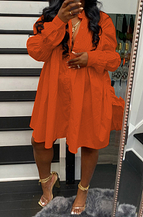 Orange Red Long Sleeve Single-Breasted Irregularity Ruffel Loose Solid Color Swing Dress WY6828-4