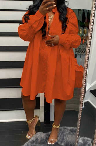 Orange Red Long Sleeve Single-Breasted Irregularity Ruffel Loose Solid Color Swing Dress WY6828-4