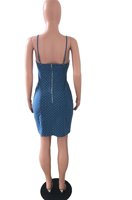 Dark Blue Sexy Backless Condole Belt Low-Cut Wave Point Tight Jean Midi Dress JLX3007-2