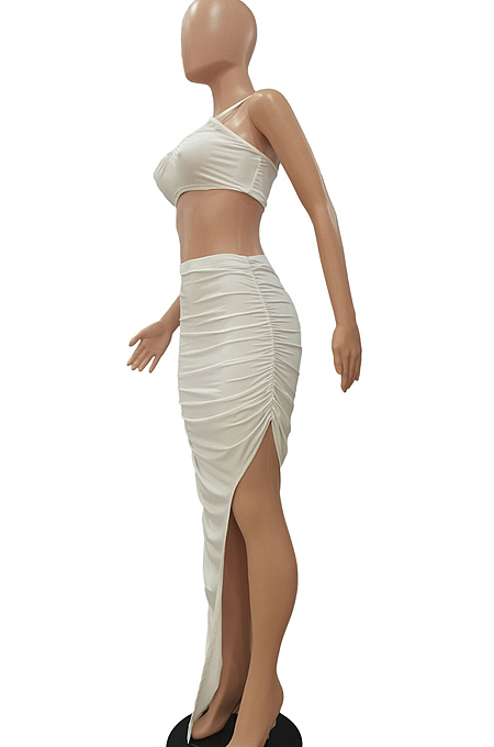 White Night Club Ruffle Condole Belt Strapless High Waist Irregularity Split Long Skirts Sets NYF8042-1