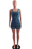 Blue Casual Condoel Belt Strapless Single-Breasted Slim Fitting Short Tassel Jean Romper Shorts JLX6905 