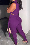 Purple Women Pure Color Shirred Detail Split Sleeveless Tiny Flared Casual Long Pants Sets ASY8831-2