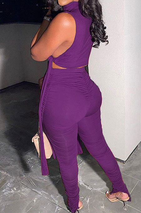 Purple Women Pure Color Shirred Detail Split Sleeveless Tiny Flared Casual Long Pants Sets ASY8831-2