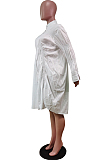White Long Sleeve Single-Breasted Irregularity Ruffel Loose Solid Color Swing Dress WY6828-1