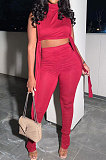 Blue Women Pure Color Shirred Detail Split Sleeveless Tiny Flared Casual Long Pants Sets ASY8831-3