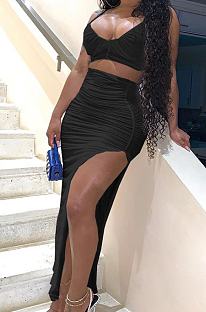 Black Night Club Ruffle Condole Belt Strapless High Waist Irregularity Split Long Skirts Sets NYF8042-2