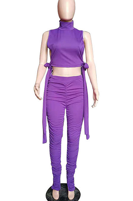 Blue Women Pure Color Shirred Detail Split Sleeveless Tiny Flared Casual Long Pants Sets ASY8831-3